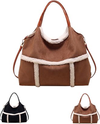 Generic Women Faux Suede Tote with Faux Lamb Wool Lined,Vintage Plush Faux Lamb Wool Lined Tote, Vintage Large Capacity Plush Shoulder Bag,Crossbody Bag Chic 