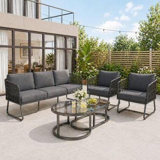 Merax Outdoor Garden Furniture Lounge Set with Glass Coffee Table in Grey