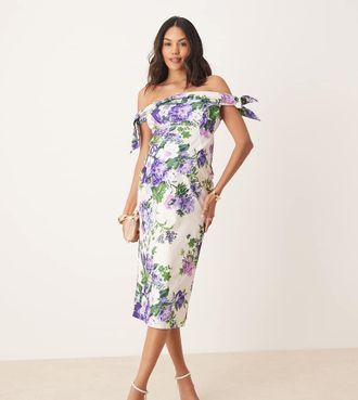 Hope & Ivy Maternity Vestito midi longuette bianco e viola con scollo alla Bardot