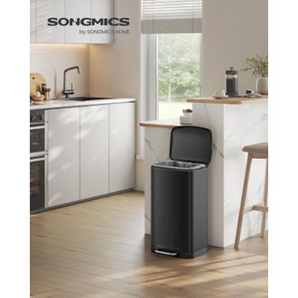Songmics Pattumiera 30L con Pedale in Acciaio, Secchio Interno e Coperchio, Manico Chiusura in Morbido, Ermetico, per Cucina, Soggiorno, Nero