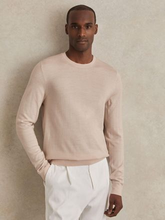 Reiss Beige Merino Wool Crew Neck Jumper, Xxl