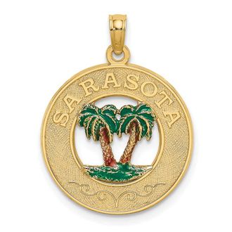 Diamond2Deal 14k Yellow Gold Enameled SARASOTA Circle Palm Tree Charm Pendant