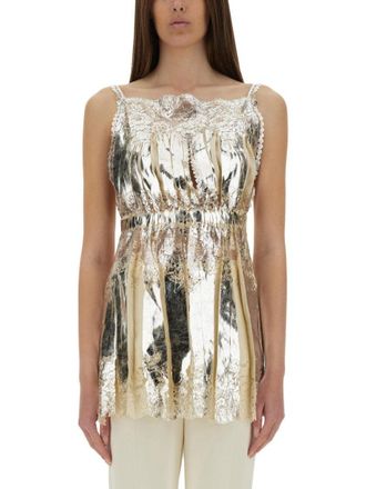 Paco Rabanne Laminated Pleated Satin Top With Lace Detail