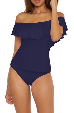 Trina Turk Monaco Ruffle Off-the-Shoulder Tankini Top in Navy at Nordstrom, Size 10