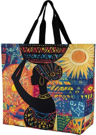 Generic African Woman Carrying An Ornate Basket Reusable Shopping Bags One Shoulder Grocery Tote Bag Waterproof Big Purse for Work Travel