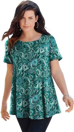 Roaman's Plus Size Ultimate Cotton Crewneck Short Sleeve Swing Tee in Emerald Rustic Paisley at Nordstrom, Size Medium