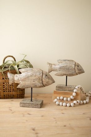 Kalalou Set Of Two Carved Recycled Wooden Fish On Stands