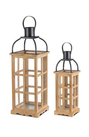 Glitzhome Set of 2 Farmhouse Vintage Wood & Metal Lanterns Candle Holders with Hanger in Brown at Nordstrom, Size Small/medium