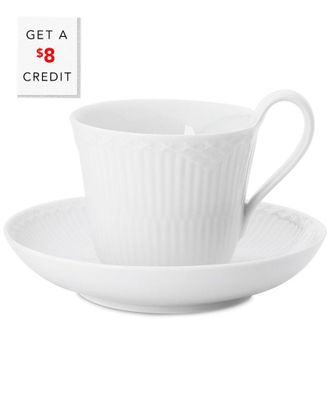ROYAL COPENHAGEN White Fluted Half Lace High Handle Cup & Saucer With $7 Credit