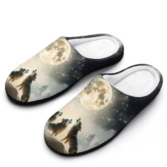 Generic Wolf Howling to The Moon Womens Slippers Warm House Slippers Indoor House Shoes with Anti-Skid Rubber Sole