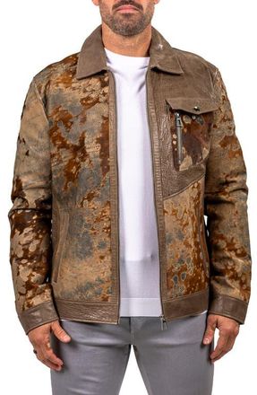 Maceoo Leather & Genuine Calf Hair Jacket in Brown at Nordstrom, Size 7