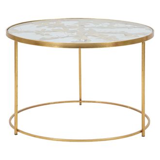 Dmora Mesa De Centro Taketa, Decoraciones Con Mariposas, Forma Redonda, Color Tablero Transparente, 60x60x41h Cm Oro