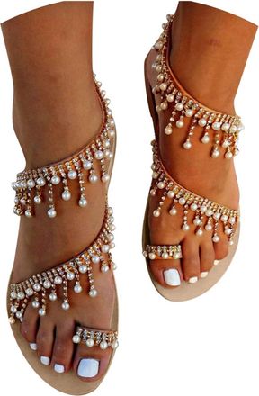 Generic 2025 New Boho Flat Sandals for Women Rhinestones Pearl Design Toe Ring Jeweled Sandals Strappy Beach Wedding Shoes Bohemian Summer Beach Sandals for B