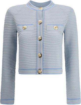 Balmain Womens Ribbed Knit Button Cardigan - Light Grey viscose - Size EU 36 (Womens)