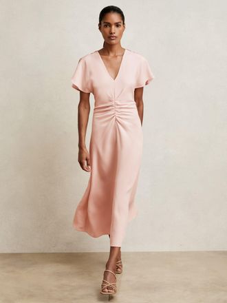 Reiss Womens Light Pink Ruched Midi Dress, Size: 6