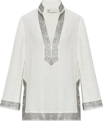 Tory Burch Embellished Linen Tunic - female - Tory Burch - Tunics - White - M - Blouses & Shirts