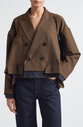 sacai Double Breasted Suiting & Denim Jacket in Brown/Indigo at Nordstrom, Size 4