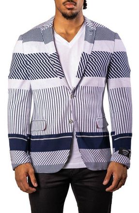 Maceoo Stripe Unconstructed Knit Blazer in Blue at Nordstrom, Size 4