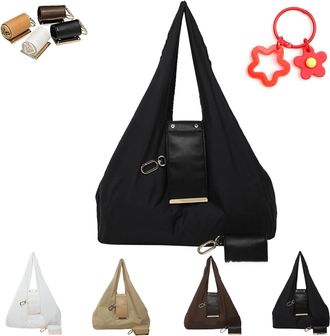 Generic Keychain Tote Bag, Compact & Expandable Vegan Leather Key Ring Tote Bag with Key-Ring Attachment, Foldable Shopping Handbag (Black)