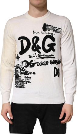 Dolce & Gabbana White Virgin Wool Graphic Logo Crewneck Mens Sweater