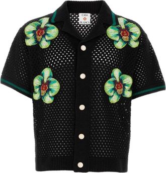 Casablanca Glitch Orchid Geborduurde Crochet Shirt met Korte Mouwen - Heren - Korte mouwen Overhemden - Zwart - M - Katoen - Overhemden