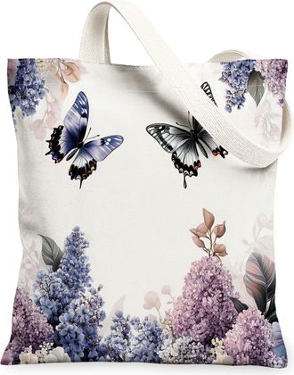 Generic Spring Lilac Flower Canvas Tote Bag for Shopping 13x15, Aesthetic Retro Butterflies Reusable Grocery Print Bag for Women Men, Vintage Aesthetic Painti
