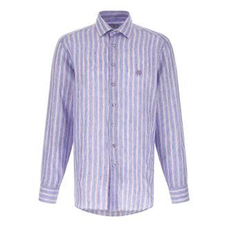 Etro Overhemden, Heren, Paars, 3Xl, Linnen, Linnen Overhemd met Pegaso Borduursel