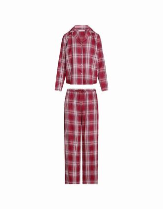 Tommy Hilfiger Womens Women Plaid Check Flannel Pyjama Set, Deep Rouge - Red - Size: 12