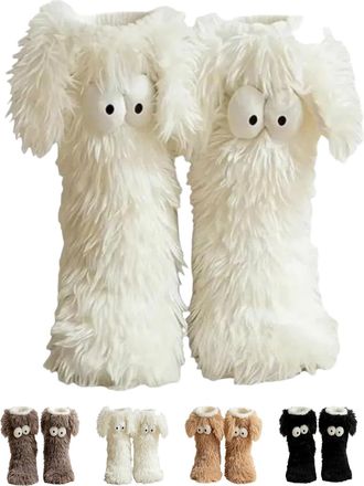 Generic Slipper, Womens Fuzzy Warm Non-Slip Slipper Socks with Cute Big-Eyes Design for Winter Home Wear (White)