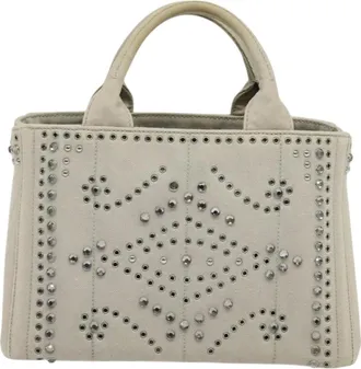 Prada Canapa Convertible Tote Rhinestone Embellished Denim Gray Canvas Handbag (Pre-Owned)
