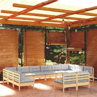 vidaXL Muebles De Jard&iacute;n 12 Pzas Y Cojines Madera Maciza De Pino Gris Vidaxl