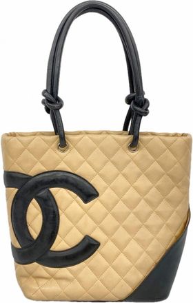 Chanel Beige Black Leather Tote Bag (Pre-Owned)