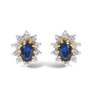 House of Brilliance 14K Yellow Gold 1/4 Cttw Diamond and Blue Sapphire Sunburst Halo Stud Earrings (K-L Color, I1-I2 Clarity)