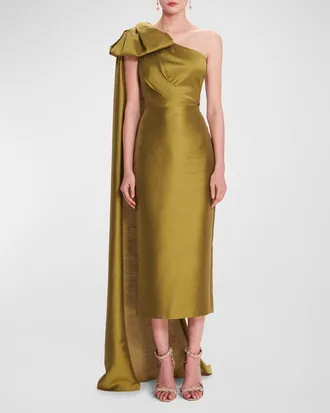 Marchesa One-Shoulder Draped Column Midi Dress