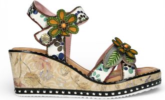 Laura Vita Womens Ballon 08 Beige Floral Leather Wedge Espadrille Sandals