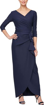 Alex Evenings Womens 16P Long Rosette Lace Cap Sleeve Gown, Navy from ...