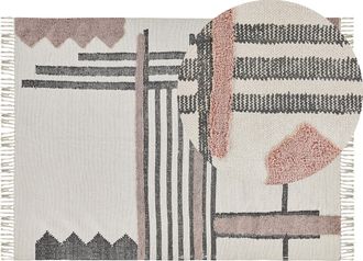 Beliani Alfombra De Algod&oacute;n Beige Negro 140 X 200 Cm Hecha A Mano Con Flecos Patr&oacute;n Escandinavo Sala De Estar Muradiye