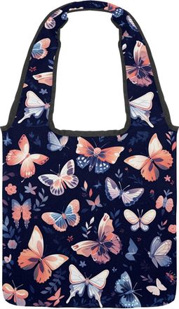 Generic Colorful Butterfly Reversible Canvas Shoulder Tote - Double-Sided Print, 12oz Cotton, 27cm Drop, Fold-Flat Bag for Travel, Shopping, Street Outings