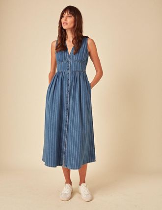 Nobody's Child Blue Denim Sleeveless Pinstripe Starlight Midi Dress