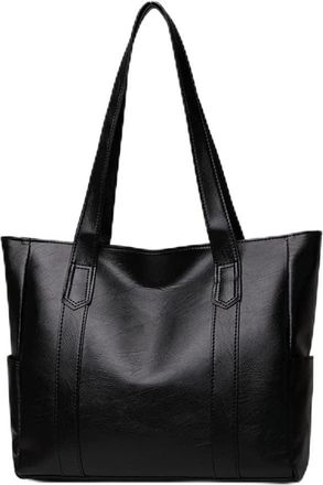 Generic Fashion Solid Color Top-handle Bag Autumn PU Leather Shoulder Satchel Portable Street Daily Handbag Street Shopping (Black)