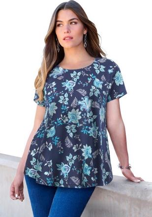 Roaman's Plus Size Ultimate Cotton Crewneck Short Sleeve Swing Tee in Ocean Delicate Batik at Nordstrom, Size Medium