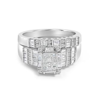 House of Brilliance Sterling Silver 1.0 Cttw Diamond Composite Head Bridal Engagement Ring Set