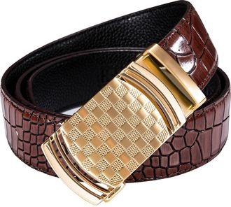 Barry.Wang Mens Ratchet Belt,Genuine Leather Belt Automatic Gold Plaid Buckle Slide Burgundy Strap Ball Dinner Prom Wedding Date