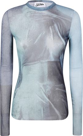Jean Paul Gaultier Womens Mesh Long Sleeves Top Printed Water - Light Grey Nylon - Size X-Small