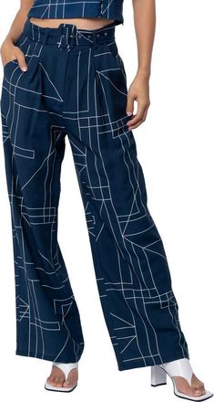 Ciebon Sydney Belted Print Wide Leg Pants in Navy/White at Nordstrom, Size X-Small