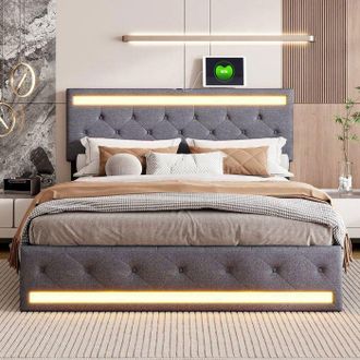 OEM Cama 180x200 Lin Gris - 4 Cajones - Led En Cabezal Y Pie - Usb - Somier De Lamas Incluido