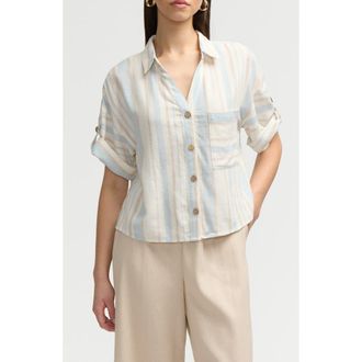 NVLT Short Sleeve Crop Button-Up Shirt in Blue Natural Stripe at Nordstrom Rack, Size X-Small