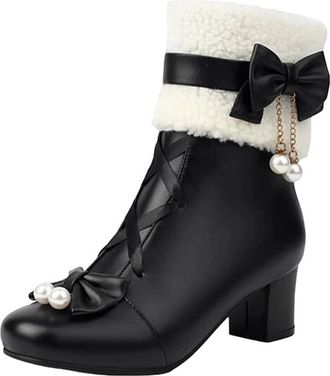 Generic Womens Ankle Boots Round Toe Medium Square Heel With Side Zipper Butterfly-Knot And Pearl Cutout Details