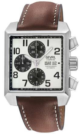 Gevril Group Mens Herald Square Swiss Made Automatic Chronograph Movement ETA 7750 White Dial, Black Handmade Italian Leather Watch - Silver Stainless Steel - One 