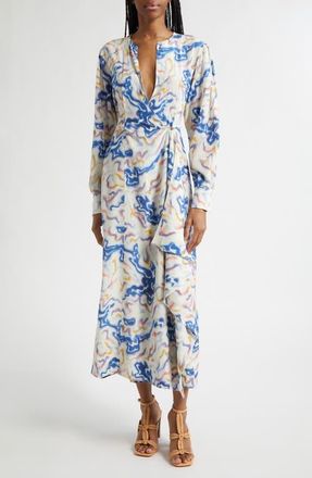 Ulla Johnson Adalyn Ikat Wave Print Long Sleeve Silk Cr&ecirc;pe de Chine Midi Dress in Prism at Nordstrom, Size 00
